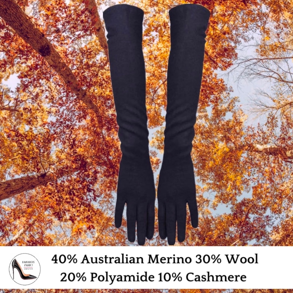 Black Long Cashmere Merino Wool Gloves Classical Elbow Length Cashmere Gloves